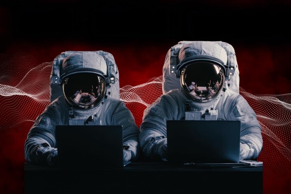zwei Astronauten schauen in Laptop