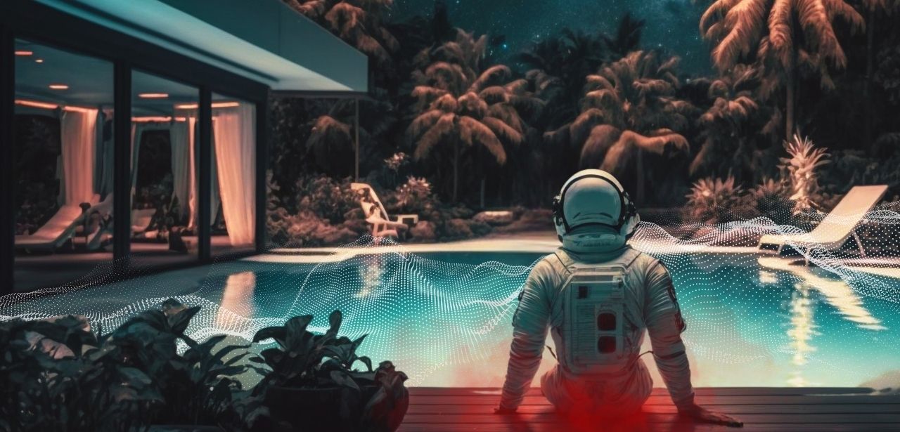 Astronaut vor Poolanlage mit Palmen